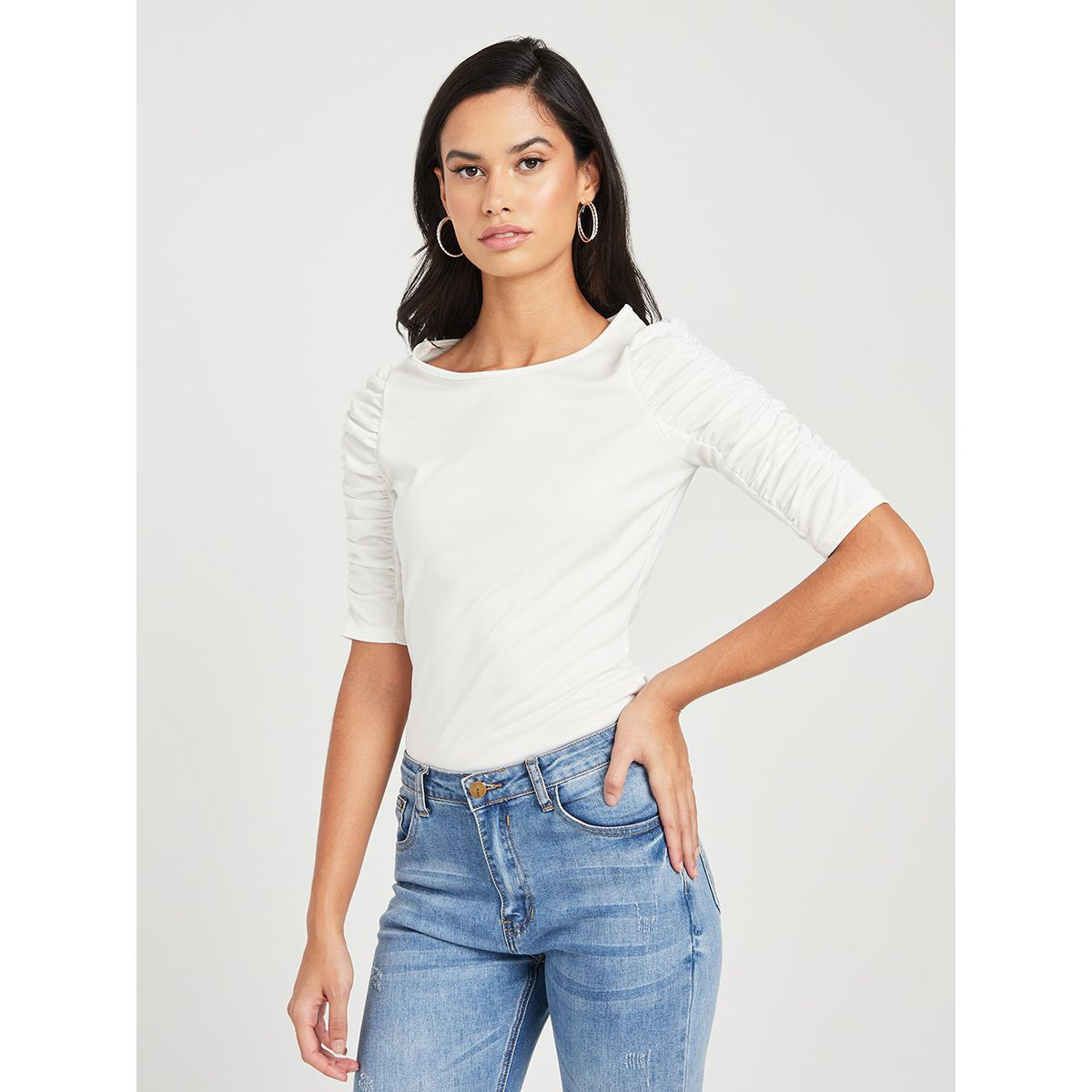 Styli Gathered Sleeves Round Neck Regular Length T-shirt-women-clothing-tshirts-image-1