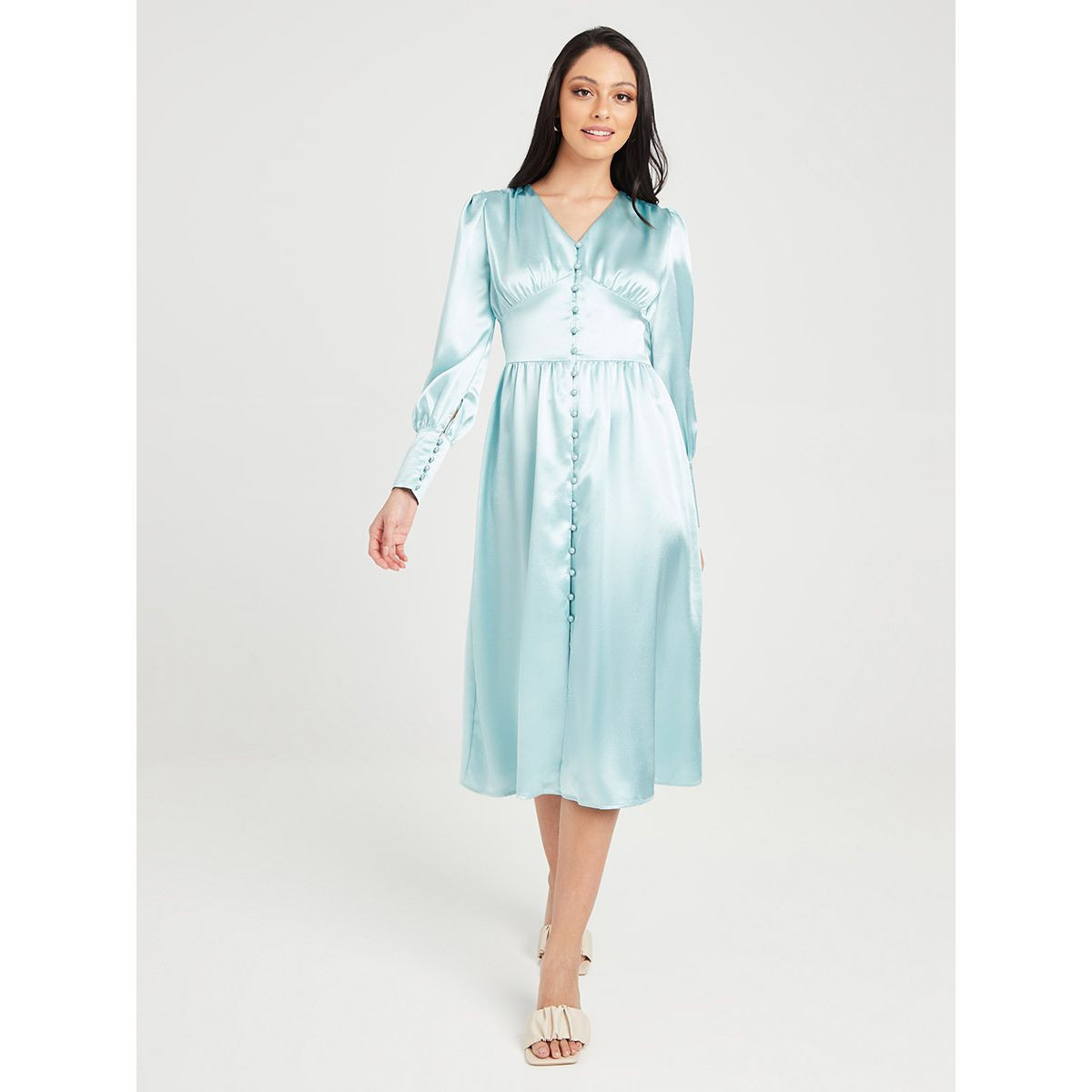Styli Cuffed Sleeves Button Through Satin A-Line Midi Dress-women-clothing-dresses-image-2