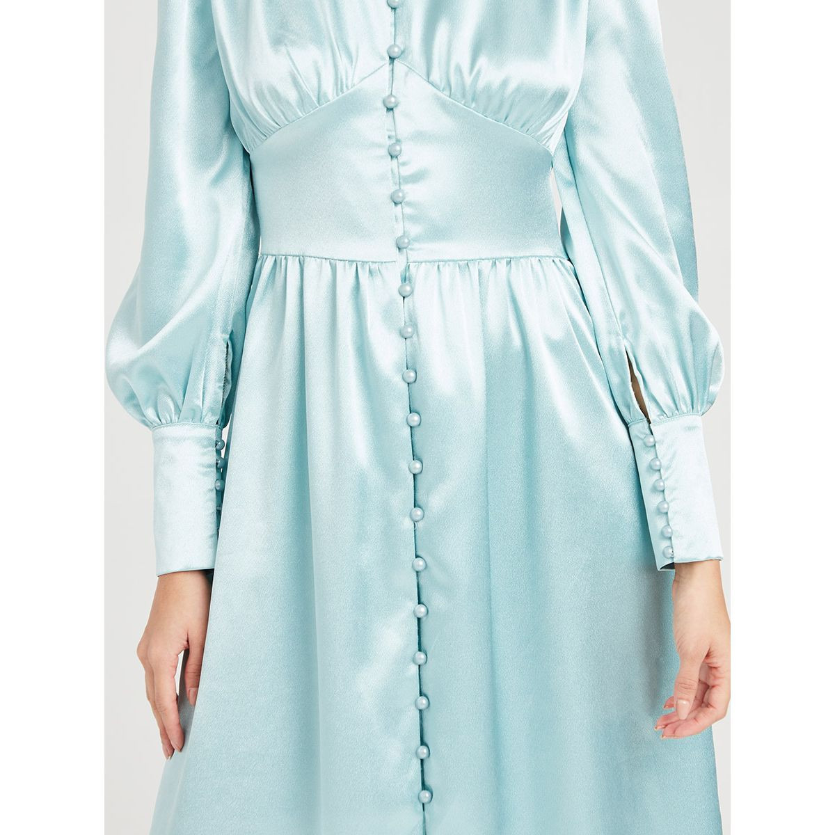 Styli Cuffed Sleeves Button Through Satin A-Line Midi Dress-women-clothing-dresses-image-3