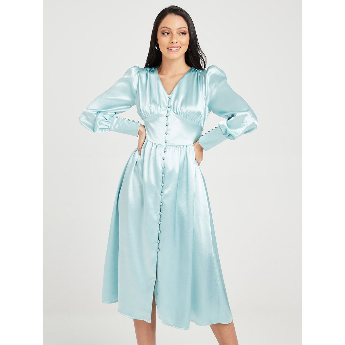Styli Cuffed Sleeves Button Through Satin A-Line Midi Dress-women-clothing-dresses-image-5