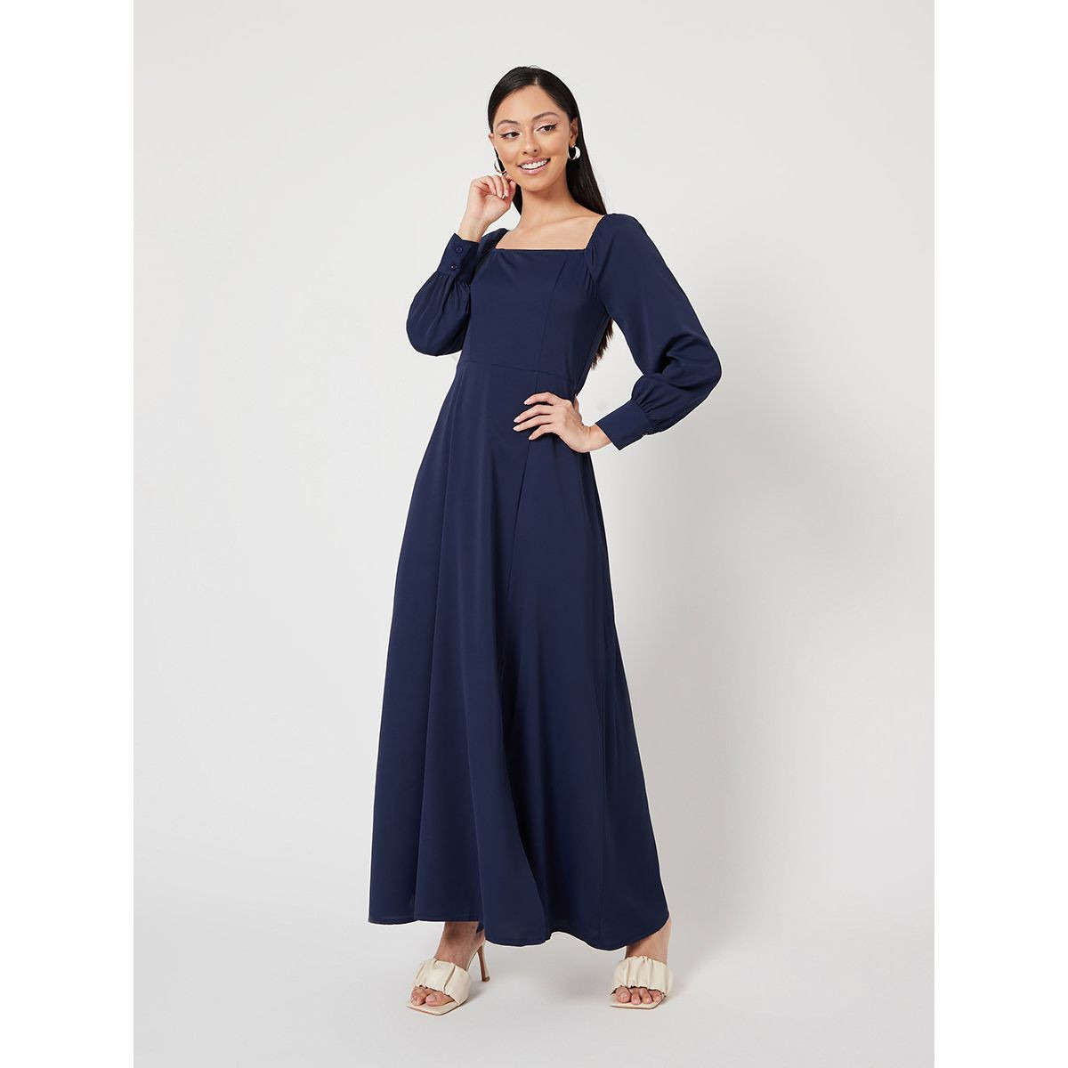 Styli Cuffed Sleeves Slit Hem Detail Woven A-Line Maxi Dress-women-clothing-dresses-image-1