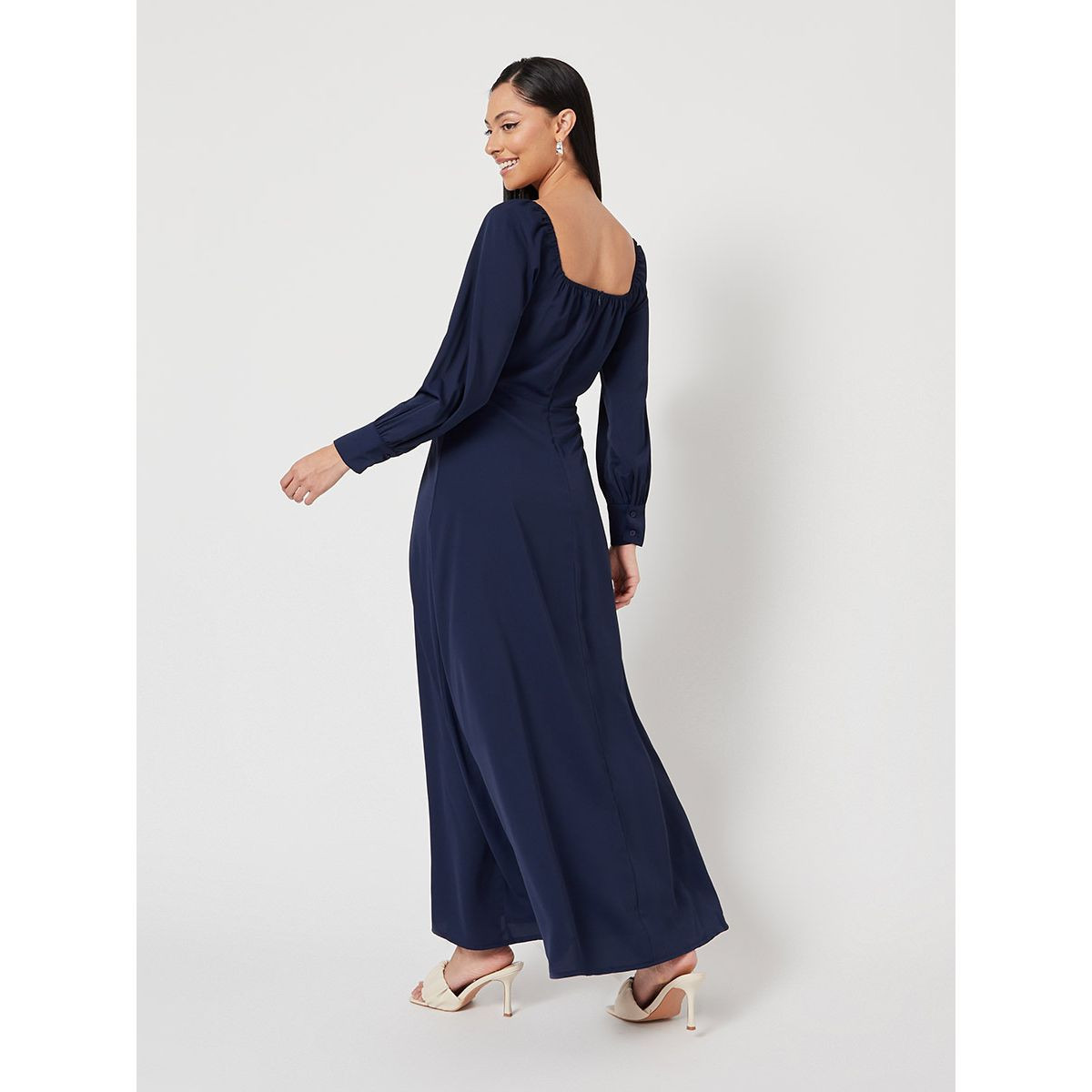 Styli Cuffed Sleeves Slit Hem Detail Woven A-Line Maxi Dress-women-clothing-dresses-image-4