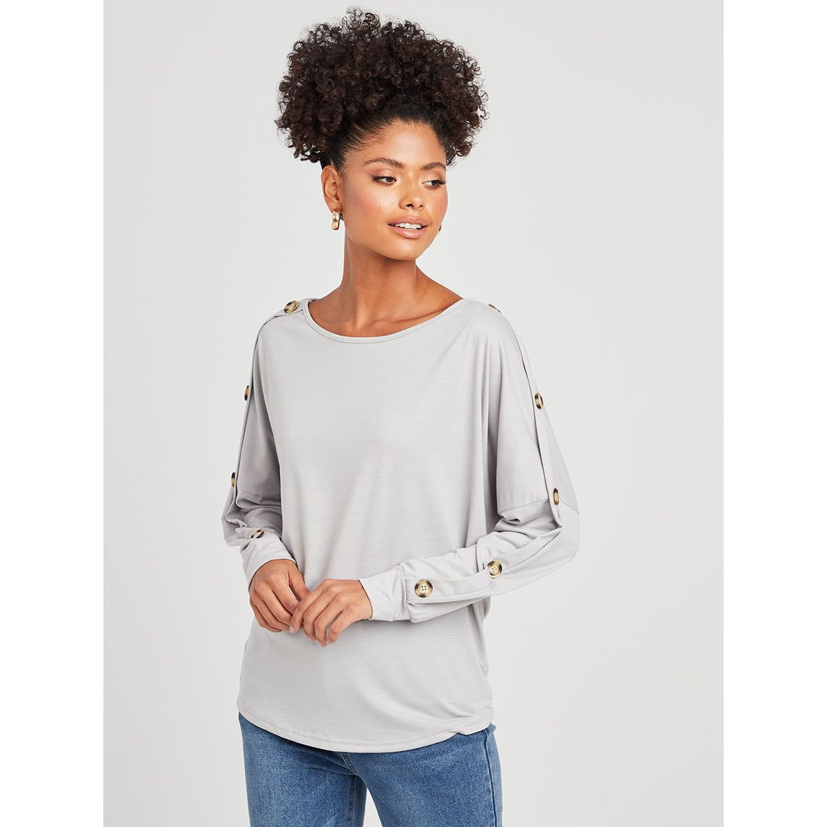 Buy Styli Boat Neck Long Sleeves Top with Arm Button Detail Online ...