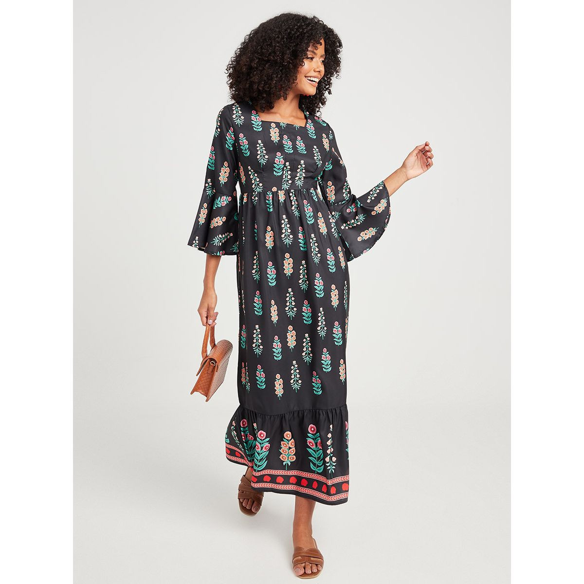 Styli 3/4 Flare Sleeves Bohemian Print A-Line Maxi Dress-women-clothing-dresses-image-1