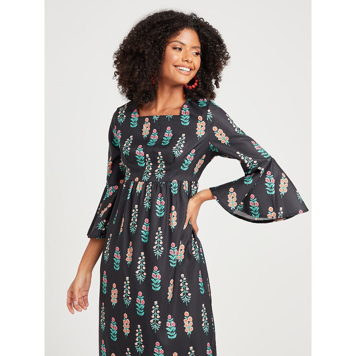 Styli 3/4 Flare Sleeves Bohemian Print A-Line Maxi Dress-women-clothing-dresses-image-2