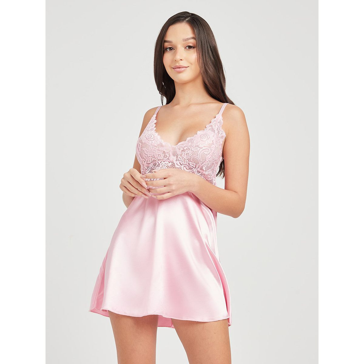 Styli Lace Detail Back Cut Out Satin Babydoll with Thong -women-clothing-lingerie-babydollsandbodysuits-image-1