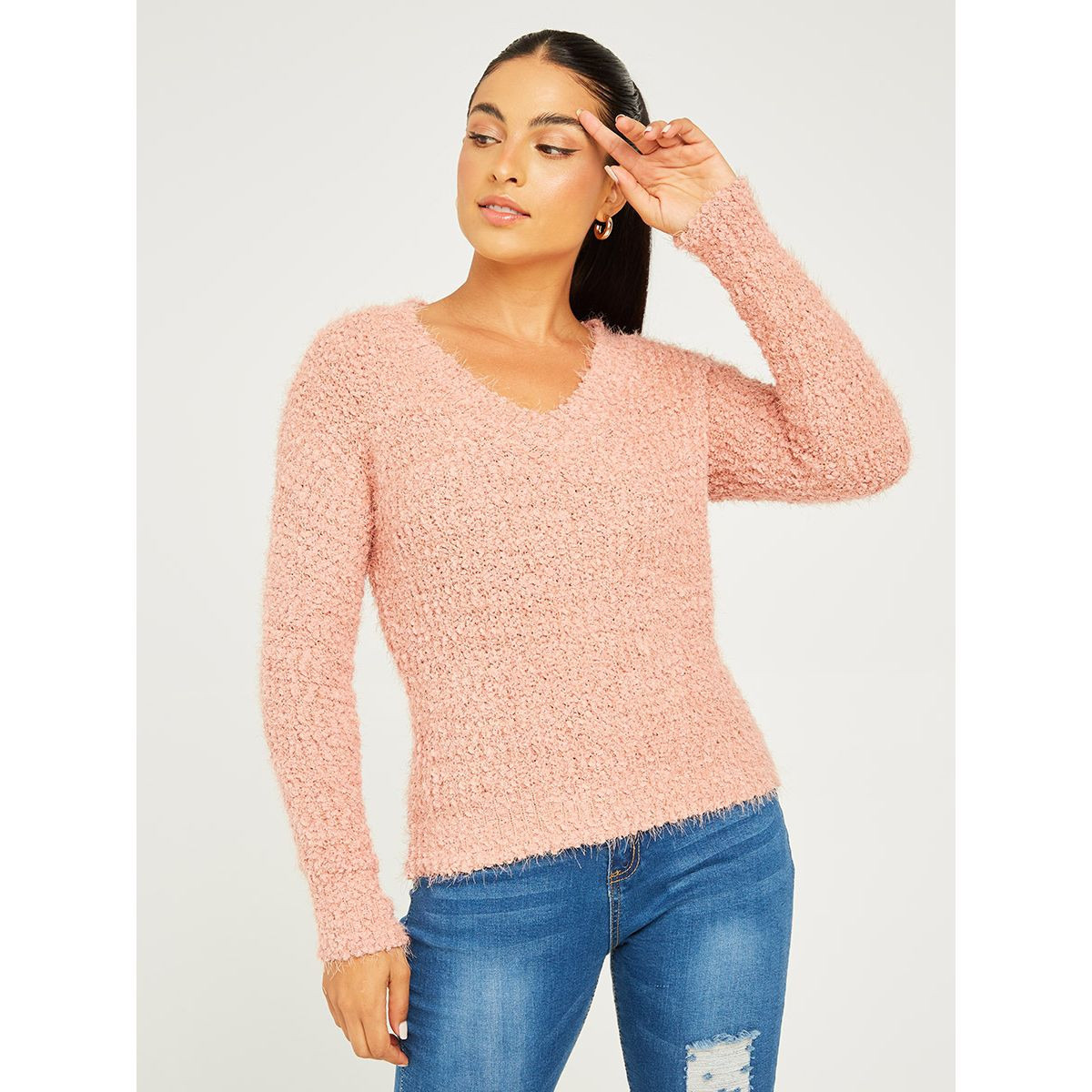 Styli Long Sleeves Fuzzy Yarn V Neck Regular Sweater-women-clothing-cardigansandjumpers-jumpers-image-1