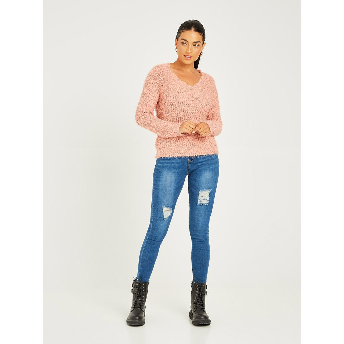 Styli Long Sleeves Fuzzy Yarn V Neck Regular Sweater-women-clothing-cardigansandjumpers-jumpers-image-2