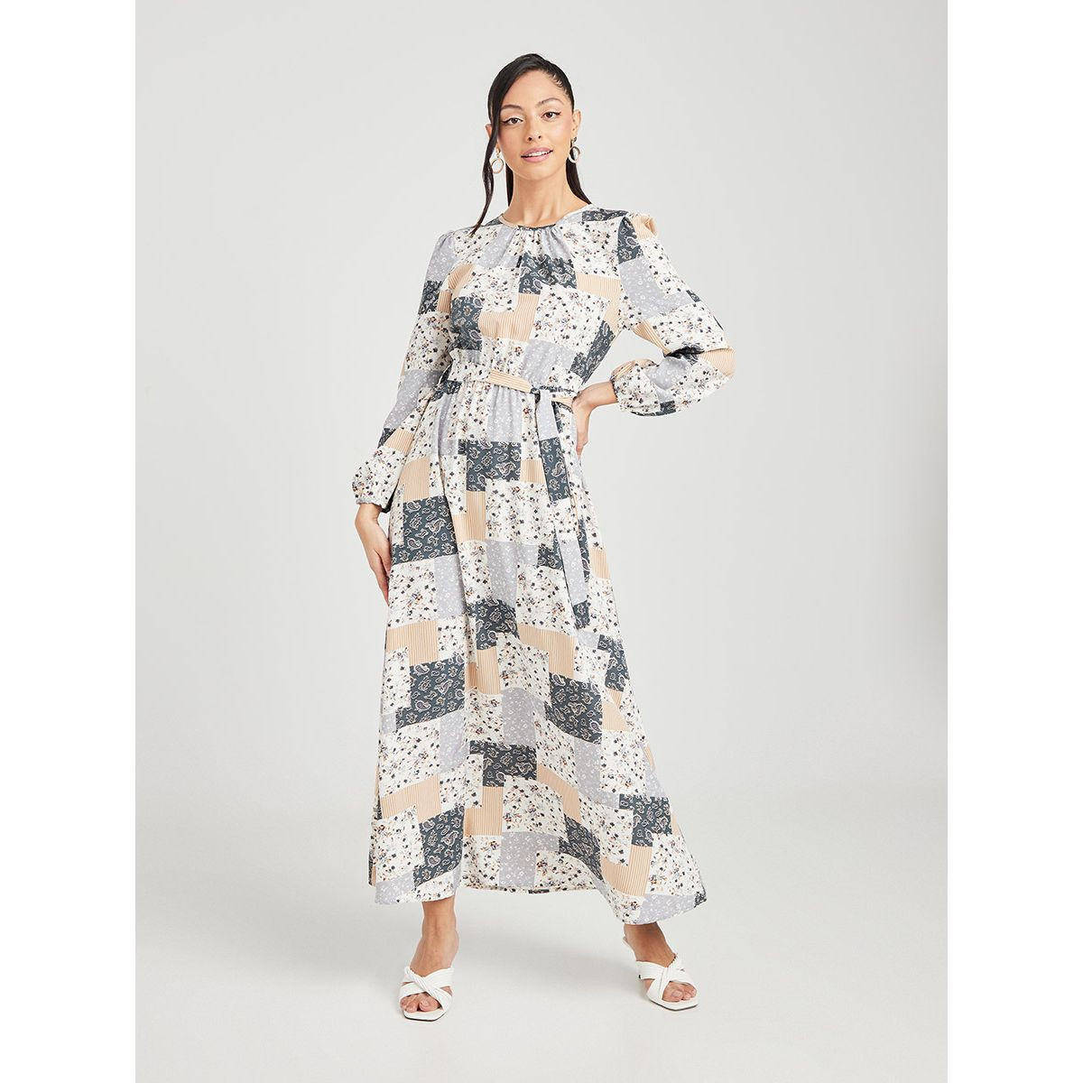 Styli Long Sleeves Patchwork Print A-Line Maxi Dress with Tie Belt-women-clothing-dresses-image-1