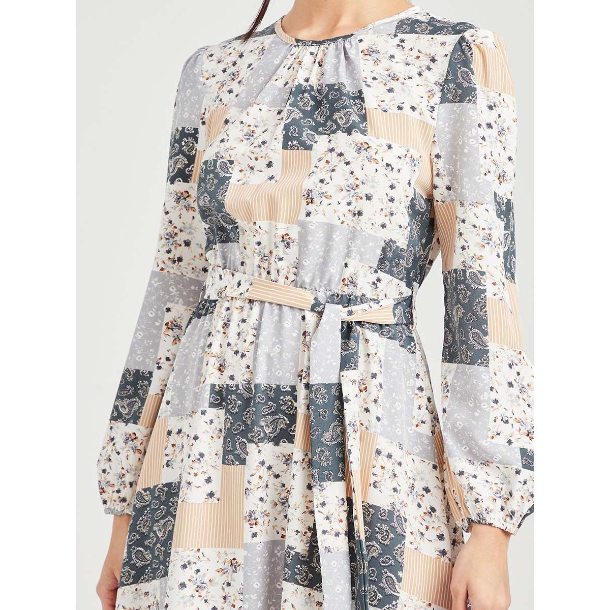 Styli Long Sleeves Patchwork Print A-Line Maxi Dress with Tie Belt-women-clothing-dresses-image-3
