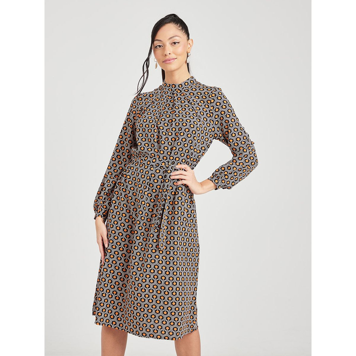 Styli Long Sleeves Retro Print Woven A-Line Midi Dress with Tie Belt-women-clothing-dresses-image-1