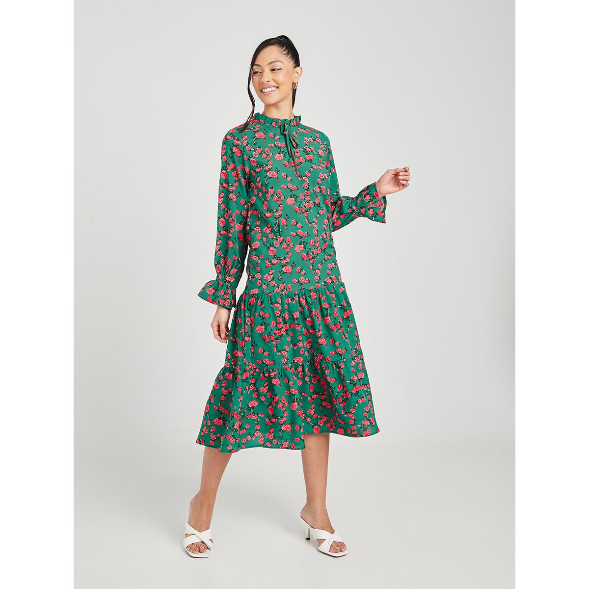 Styli Long Sleeves Floral Print Woven Tiered A-Line Midi Dress -women-clothing-dresses-image-1