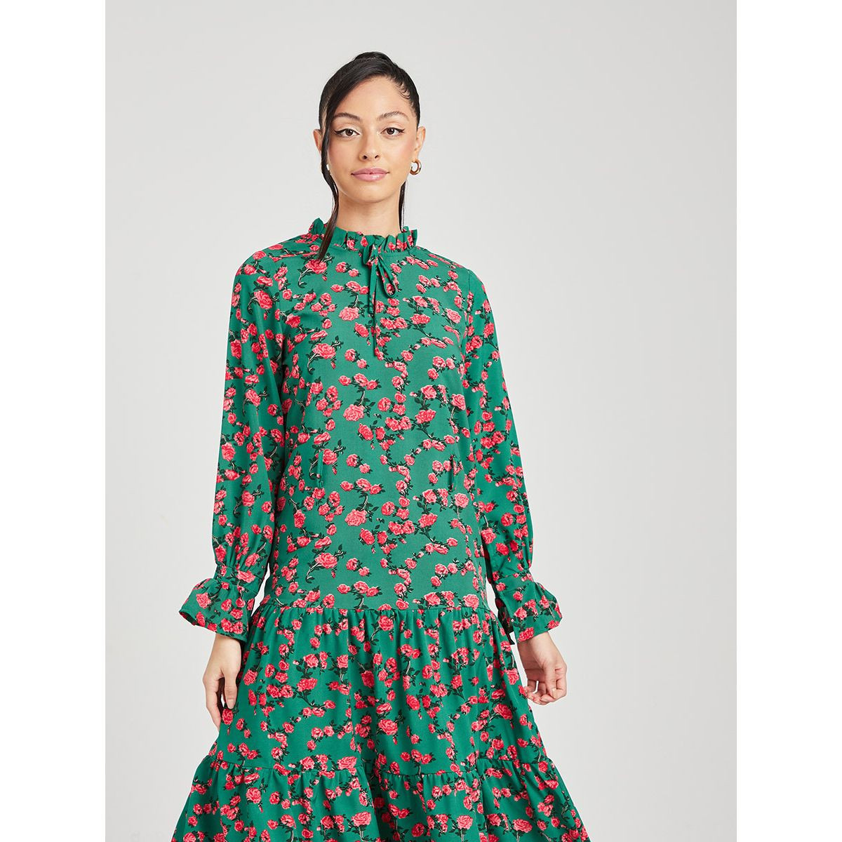 Styli Long Sleeves Floral Print Woven Tiered A-Line Midi Dress -women-clothing-dresses-image-2