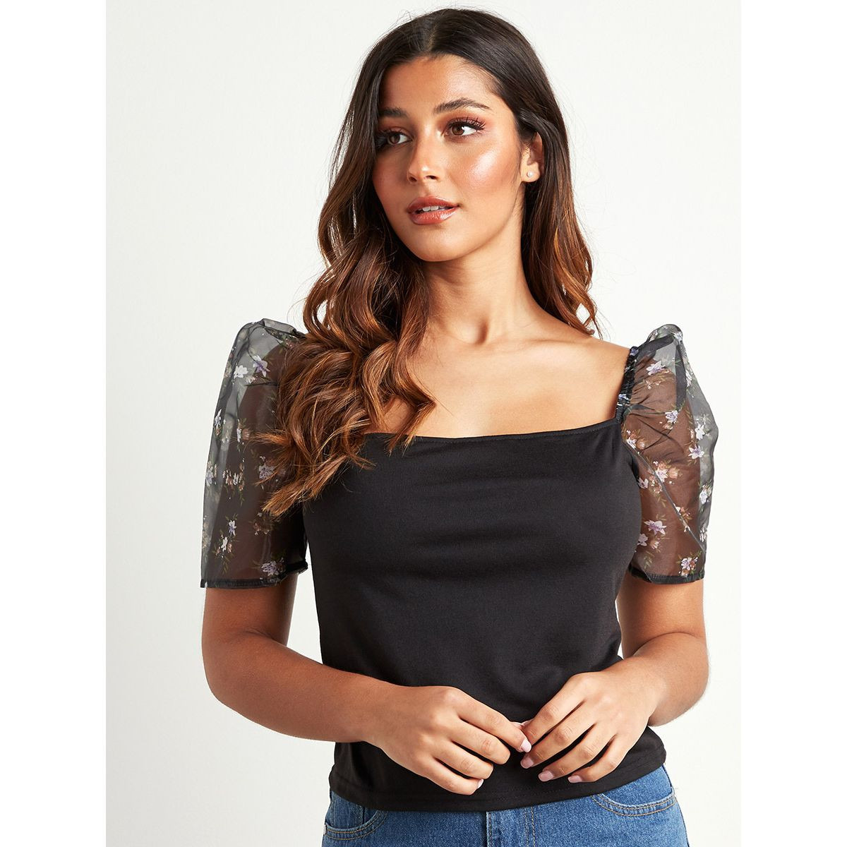 Styli Organza Puff Sleeves Floral Print Woven Regular Top-women-clothing-shirtsandblouses-blouses-image-5