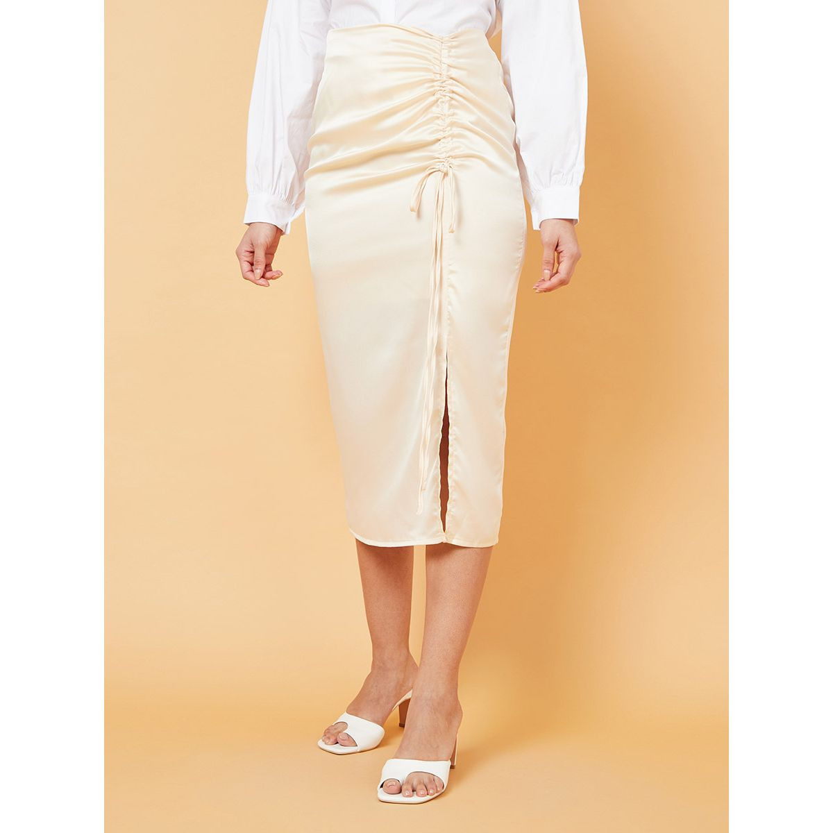 Styli Satin Ruched Front Woven Midi Skirt-women-clothing-bottoms-skirts-image-1