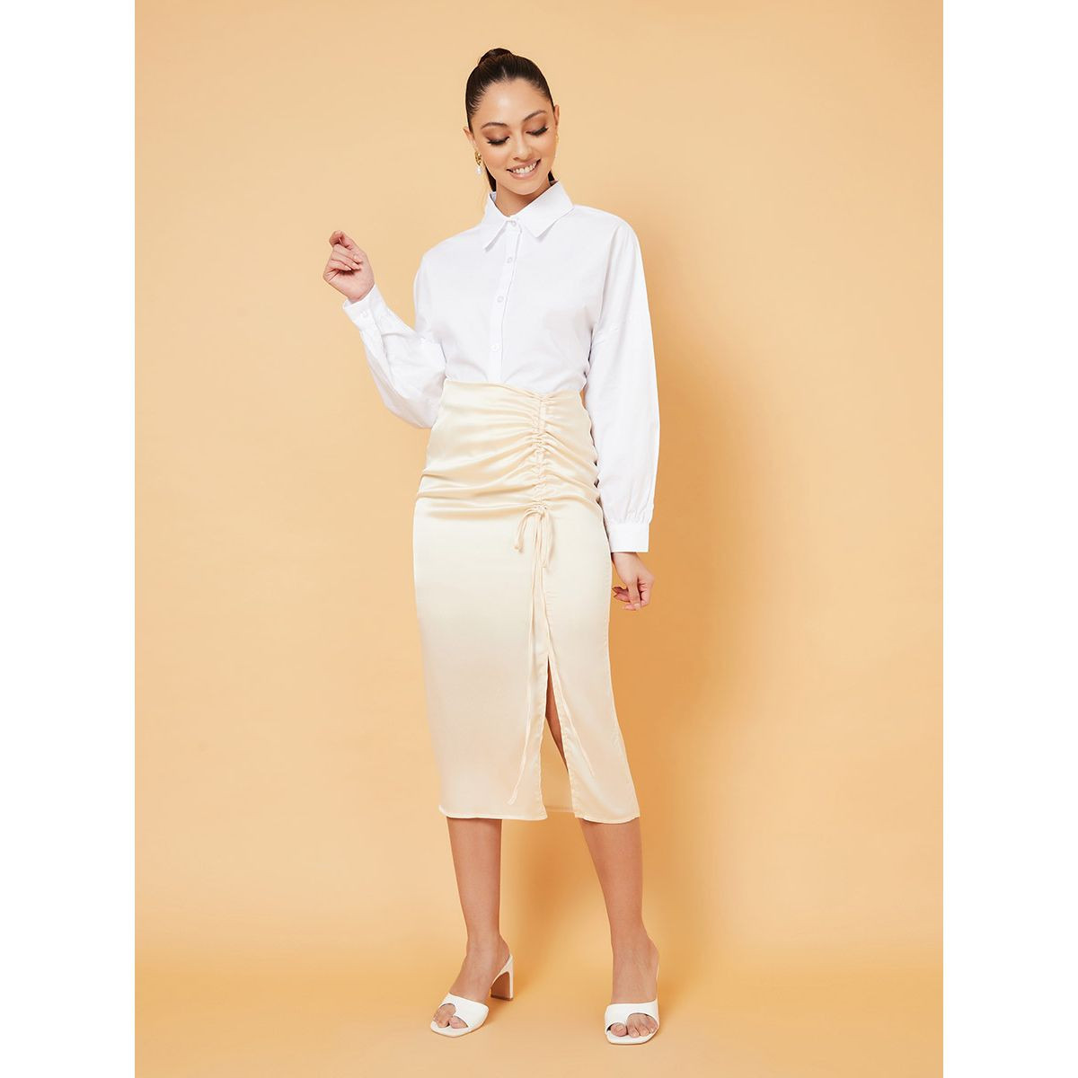 Styli Satin Ruched Front Woven Midi Skirt-women-clothing-bottoms-skirts-image-2
