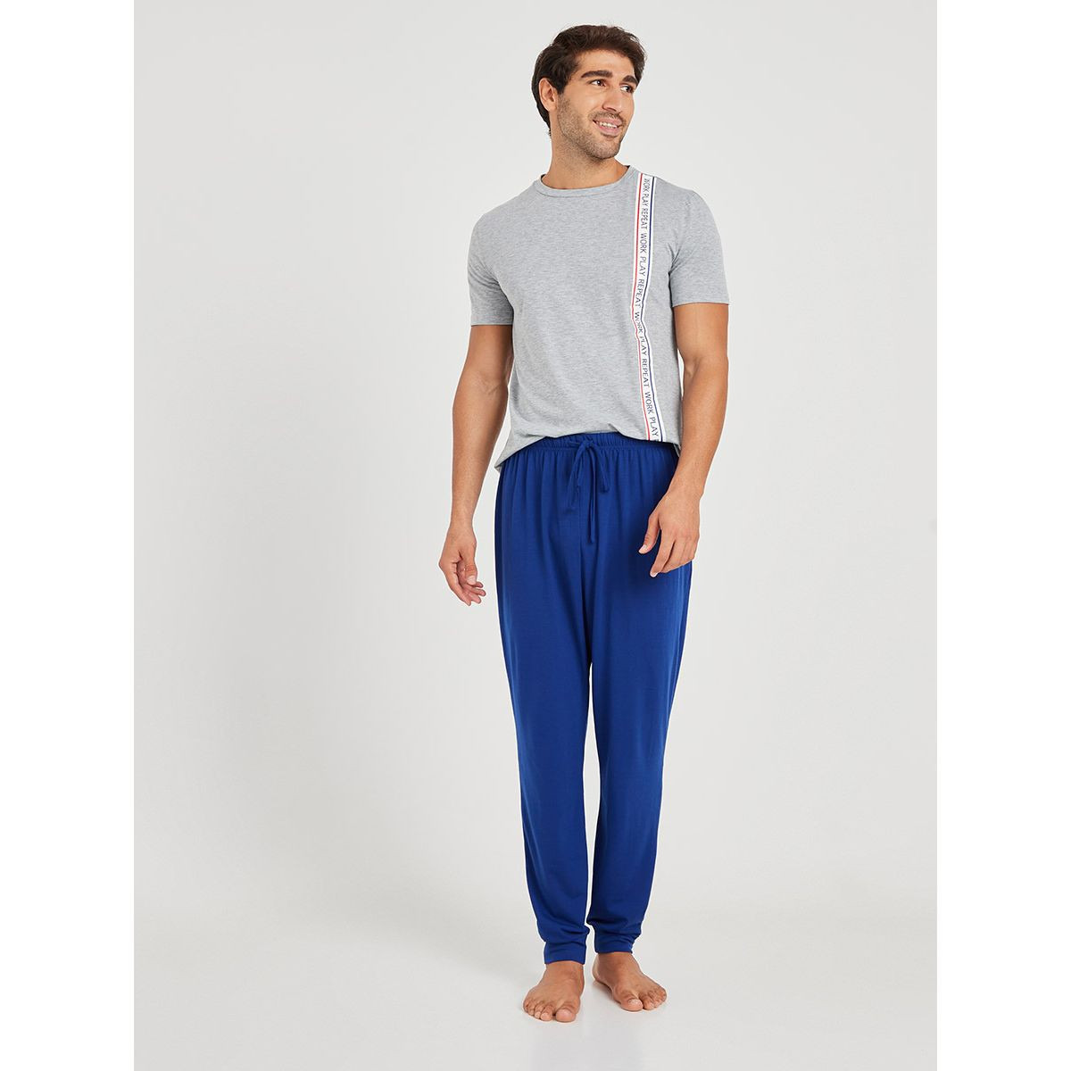Styli Work Play Slogan Print T-shirt and Elastic Waist Cuffed Jogger Set-men-clothing-nightwear-sets-image-1
