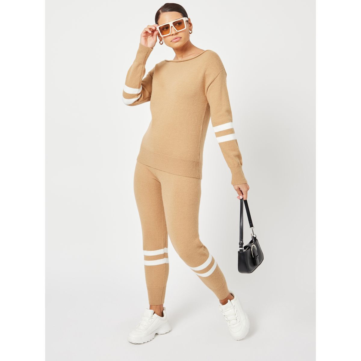 Styli Chunky Knit Stripe Detail Off Shoulder Long Sleeves Top and Cuff Jogger Lounge Set-women-clothing-coordsets-image-1