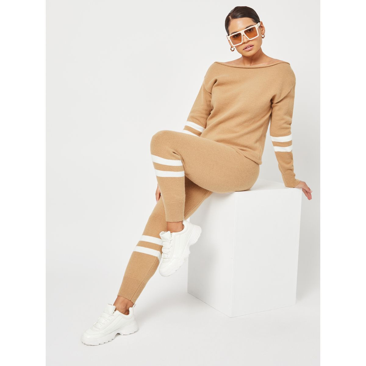 Styli Chunky Knit Stripe Detail Off Shoulder Long Sleeves Top and Cuff Jogger Lounge Set-women-clothing-coordsets-image-2