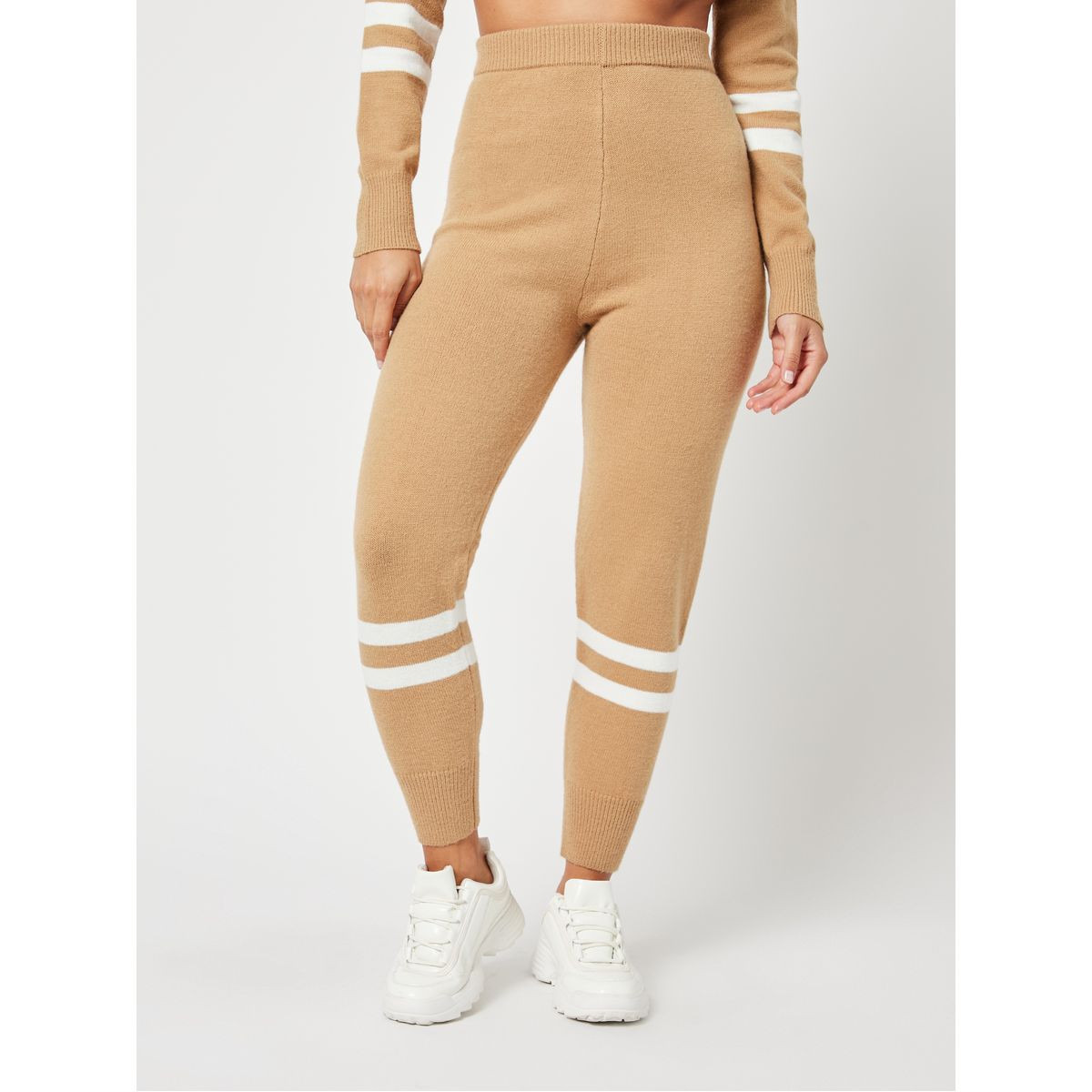 Styli Chunky Knit Stripe Detail Off Shoulder Long Sleeves Top and Cuff Jogger Lounge Set-women-clothing-coordsets-image-5