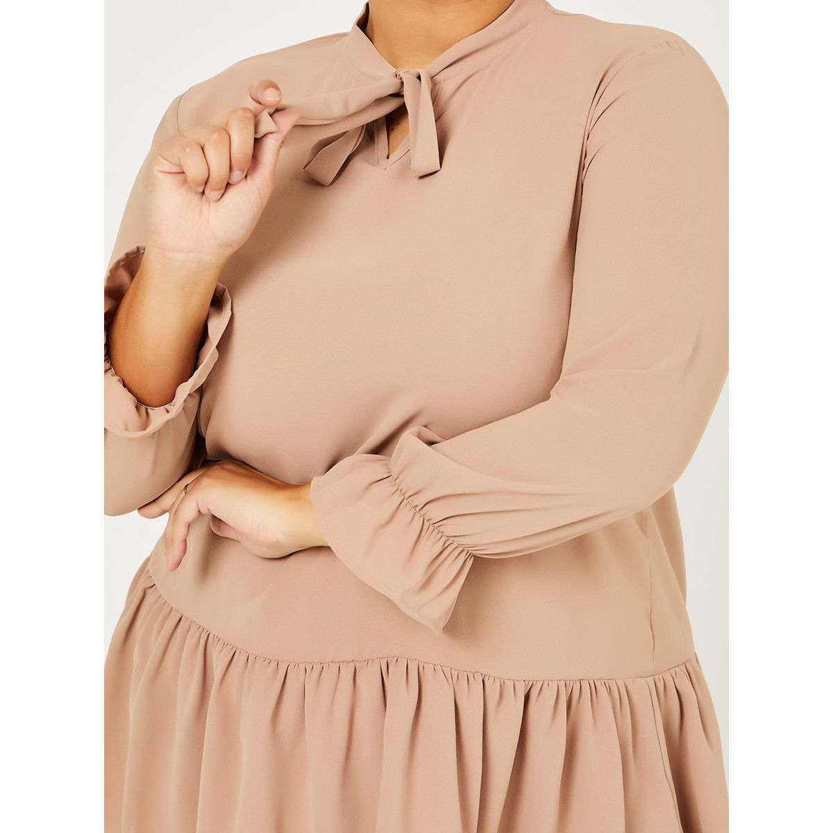 Styli Plus Long Sleeves Tie Neck Mini Dress-women-clothing-dresses-image-3