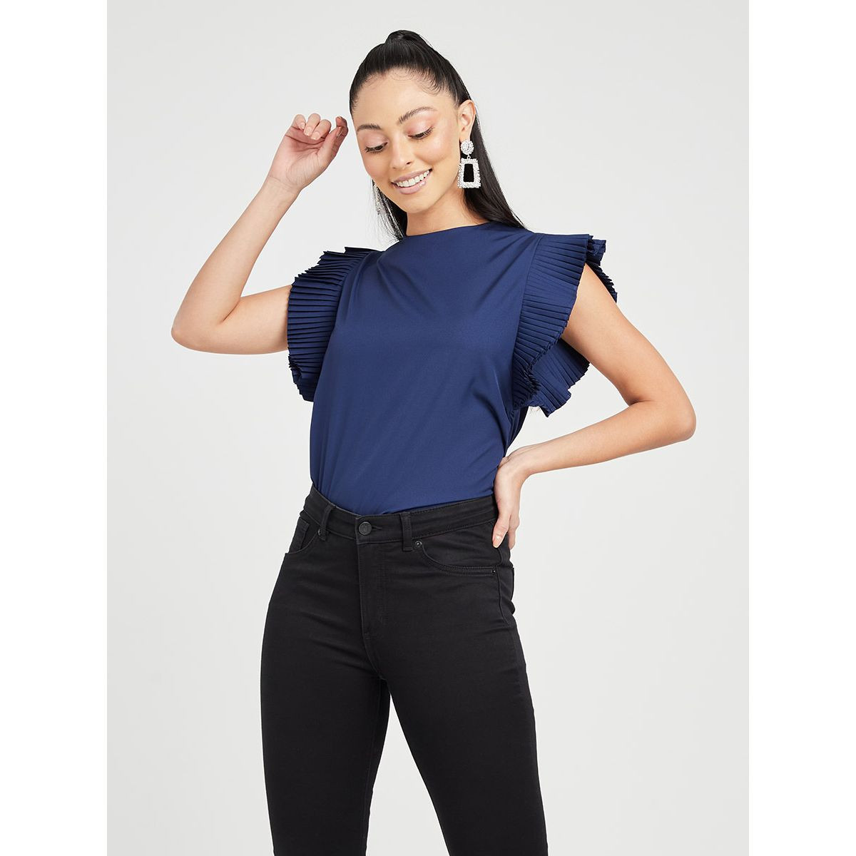 Styli Pleated Sleeves Round Neck Top-women-clothing-shirtsandblouses-blouses-image-1