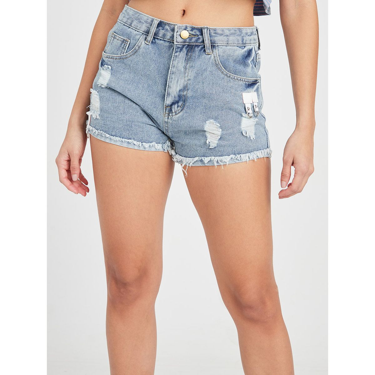 Styli Frayed Edge Distress Denim Shorts with Belt Loops-women-clothing-shorts-image-1