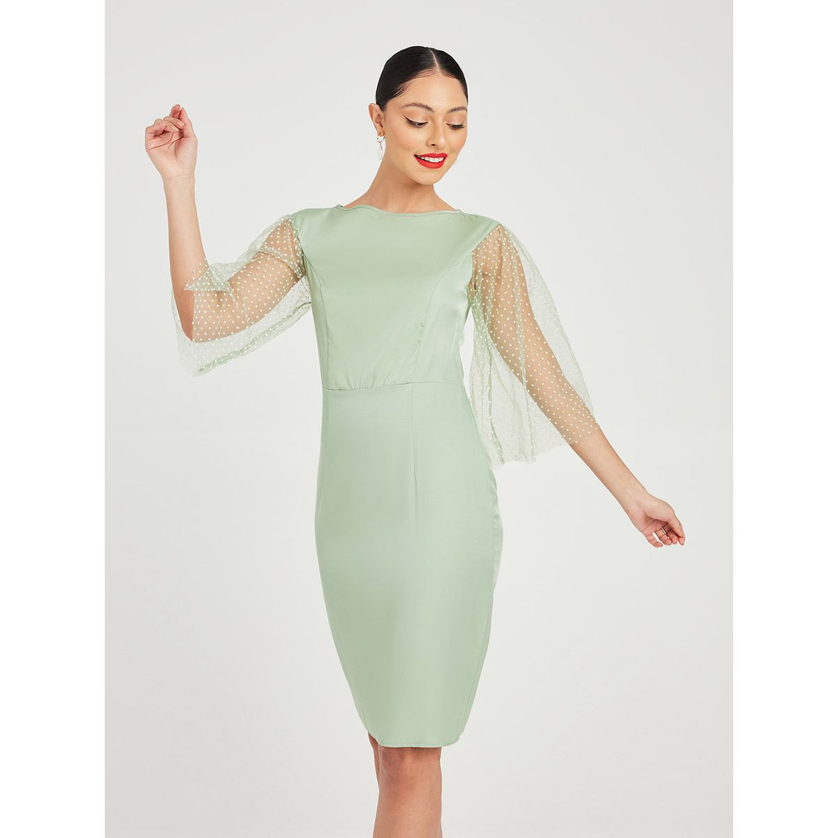 Styli Mesh Dobby Flocked 3/4 Sleeves Woven Bodycon Knee Length Dress-women-clothing-dresses-image-1