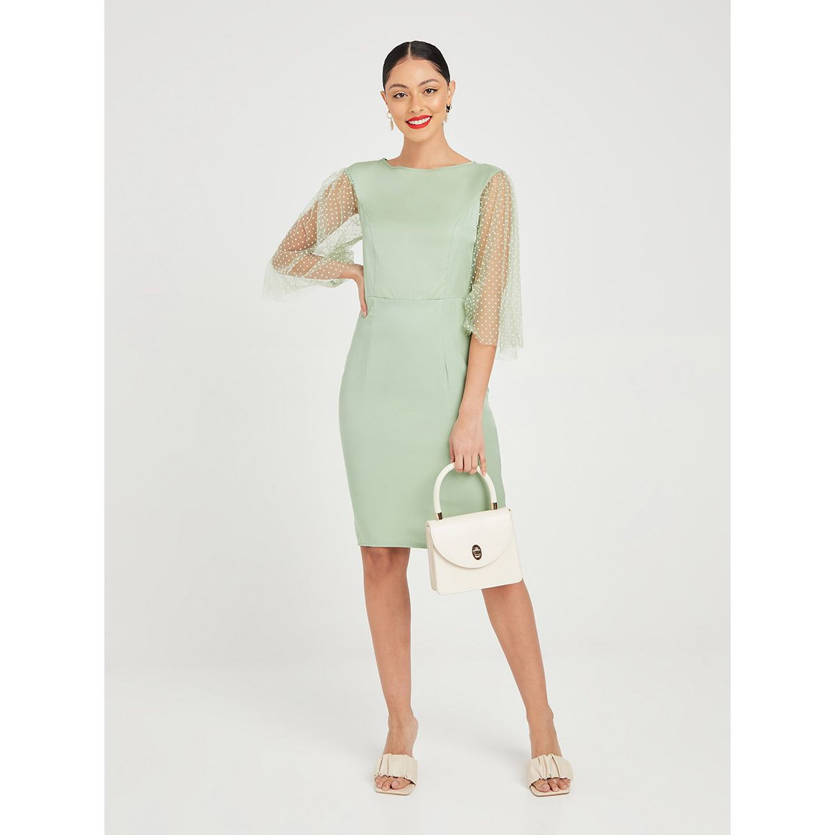 Styli Mesh Dobby Flocked 3/4 Sleeves Woven Bodycon Knee Length Dress-women-clothing-dresses-image-2