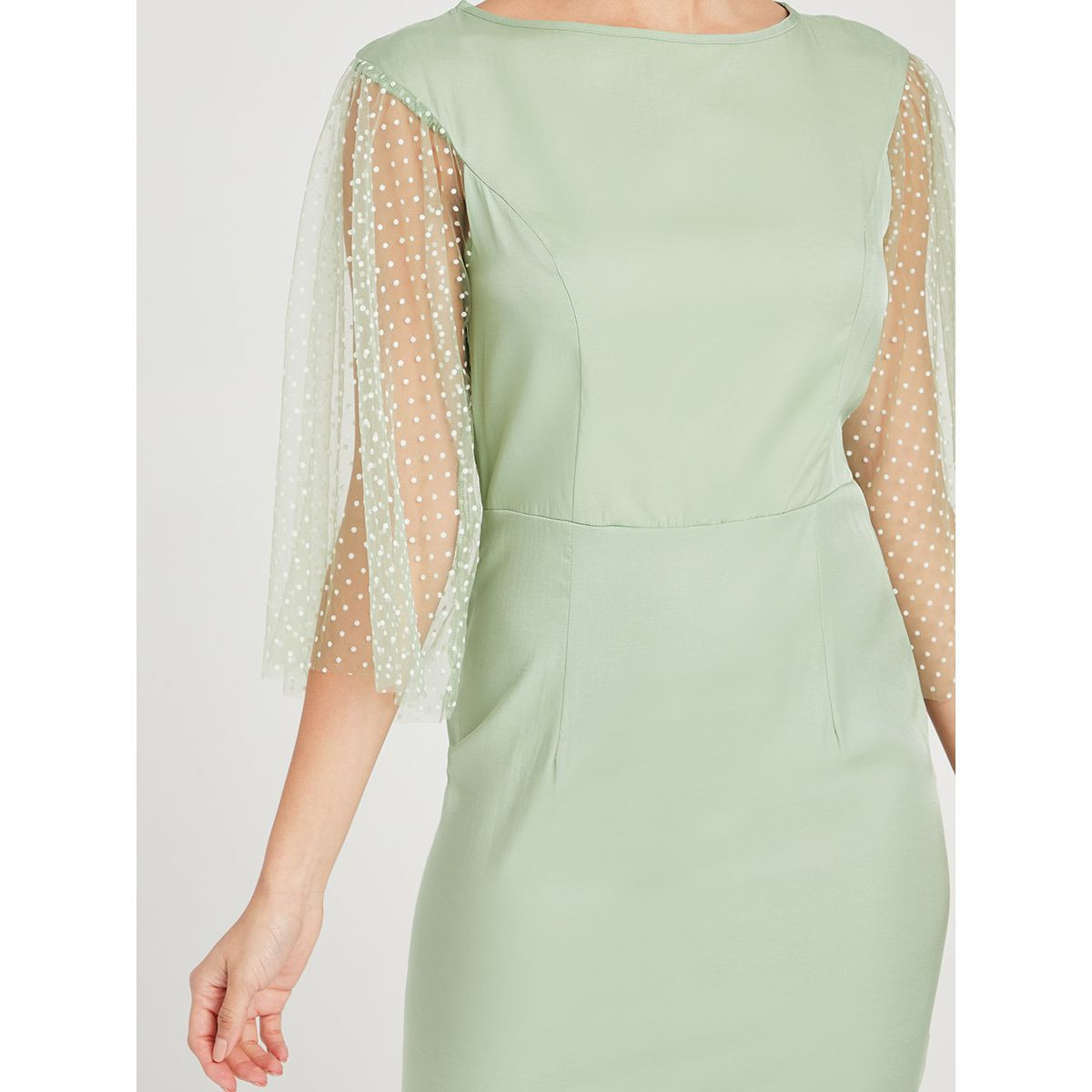 Styli Mesh Dobby Flocked 3/4 Sleeves Woven Bodycon Knee Length Dress-women-clothing-dresses-image-3