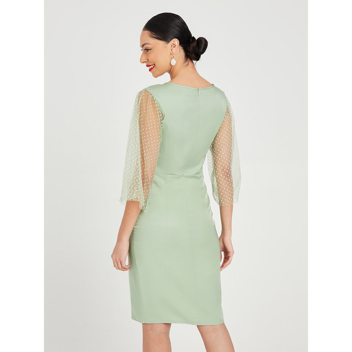 Styli Mesh Dobby Flocked 3/4 Sleeves Woven Bodycon Knee Length Dress-women-clothing-dresses-image-4