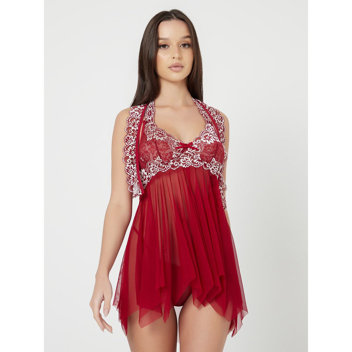 Styli Non Padded Halter Neck Two Tone Lace Mesh Babydoll with Thong-women-clothing-lingerie-babydollsandbodysuits-image-1