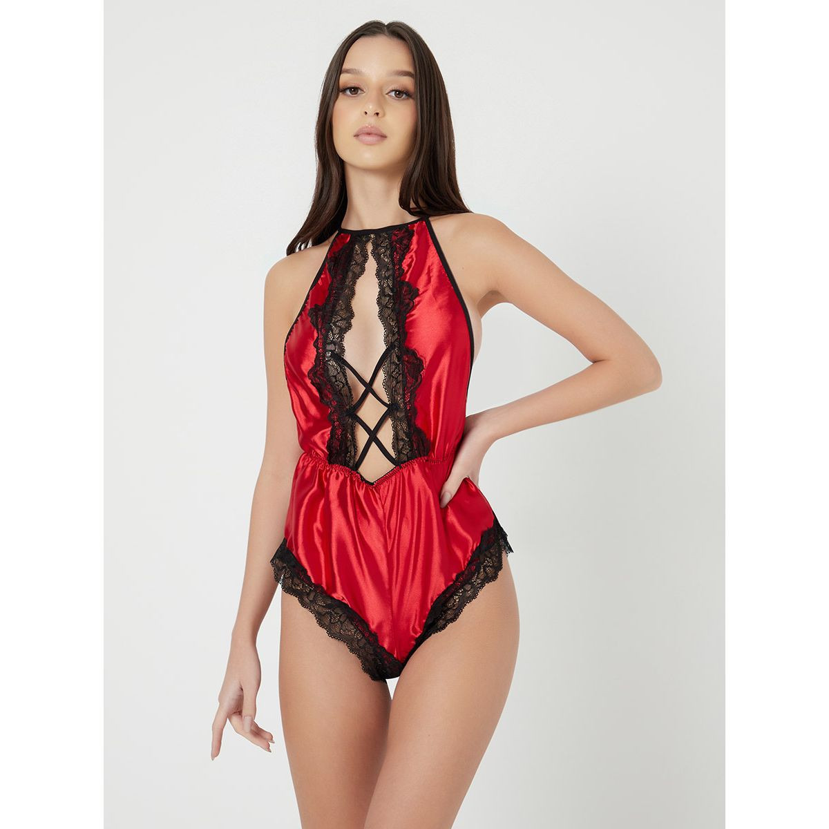 Styli Non Padded Satin Front Cut-Out Contrast Lace Detail Teddy-women-clothing-lingerie-corsets-image-1