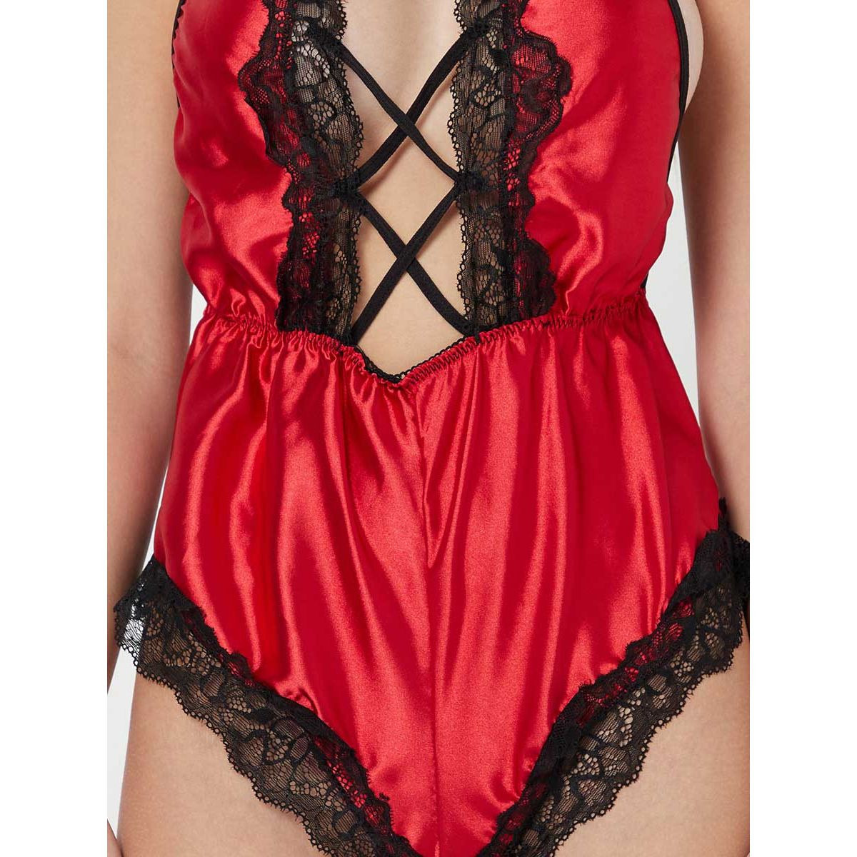 Styli Non Padded Satin Front Cut-Out Contrast Lace Detail Teddy-women-clothing-lingerie-corsets-image-2