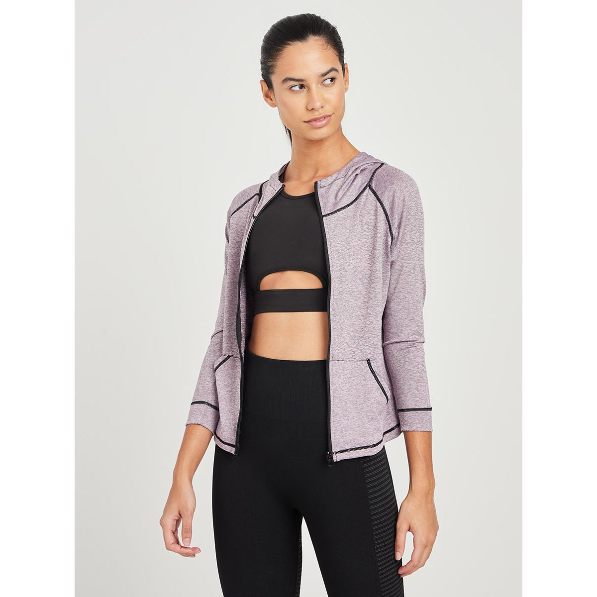 Styli Contrast Stitch Detail Zip Up Active Hoodie-sports-women-clothing-tshirtsandvests-image-1
