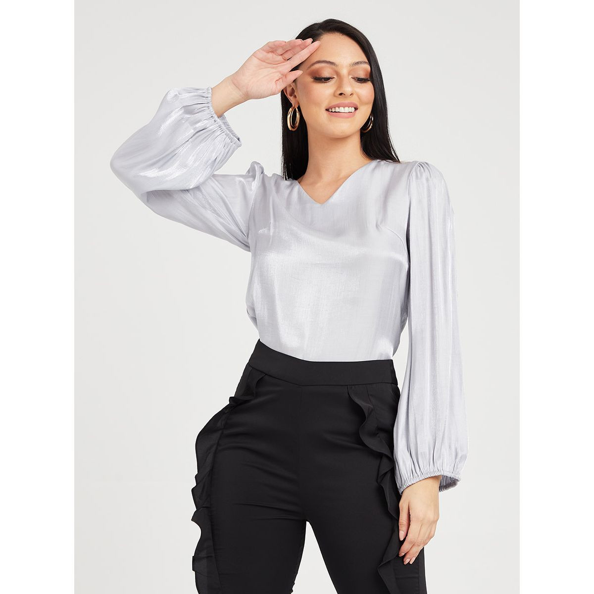 بلوزة طويلة باكمام بالون من ستايلي-women-clothing-shirtsandblouses-blouses-image-1