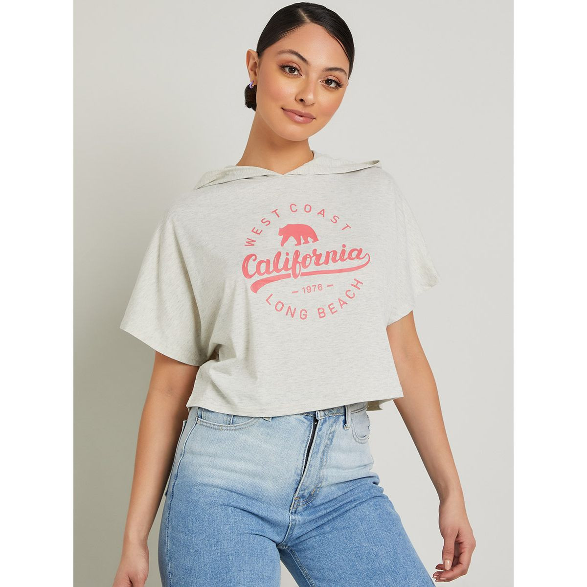 Styli Short Sleeves California Print Boxy Crop T-shirt with Hood-women-clothing-tshirts-image-1