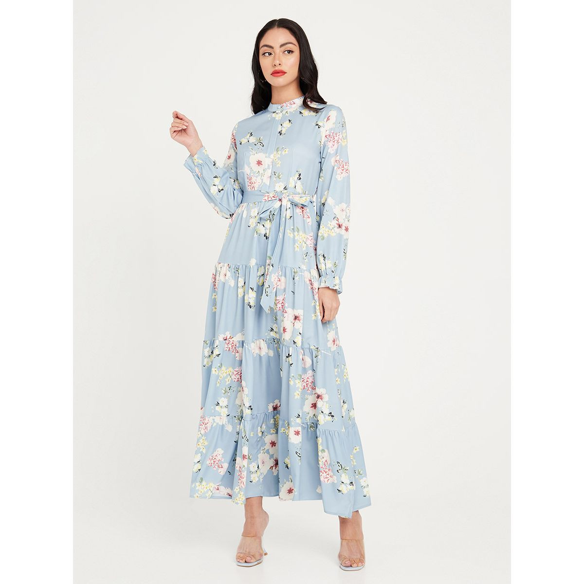 Styli Frill Cuff Long Sleeves Floral Print A-Line Maxi Dress with Tie Belt-women-clothing-dresses-image-1