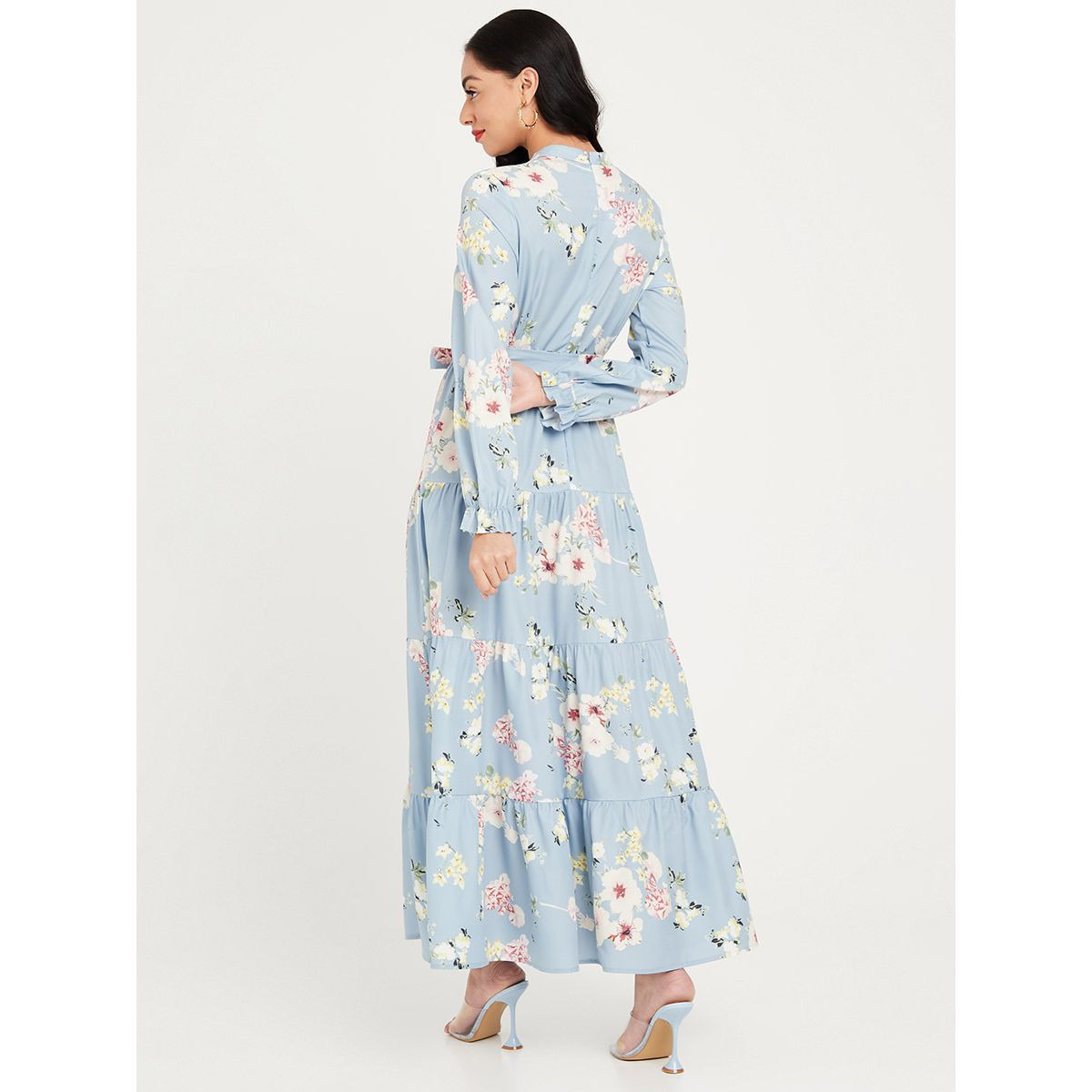 Styli Frill Cuff Long Sleeves Floral Print A-Line Maxi Dress with Tie Belt-women-clothing-dresses-image-4