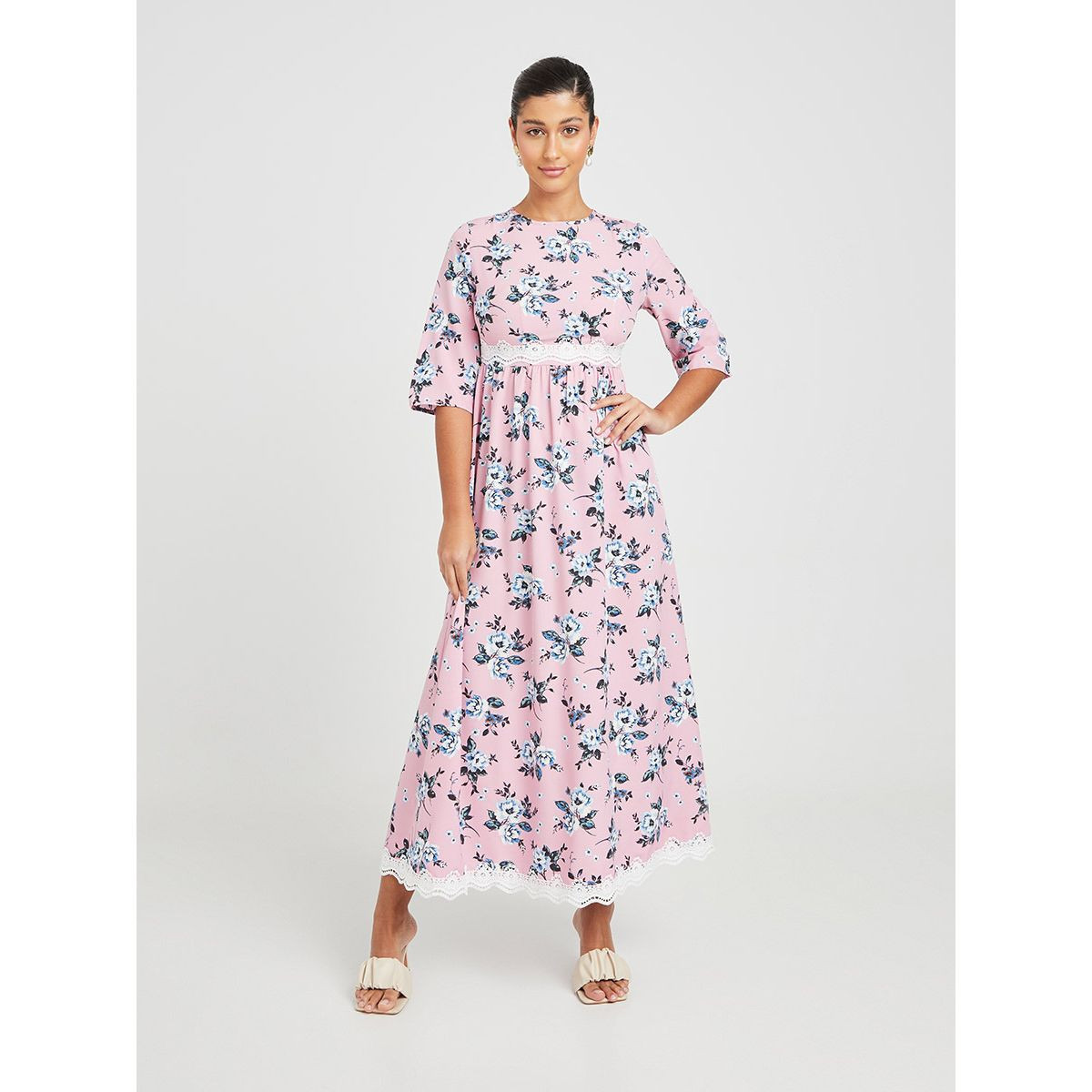 Styli 3/4 Sleeves Floral Print Lace Insert A-Line Maxi Dress-women-clothing-dresses-image-1