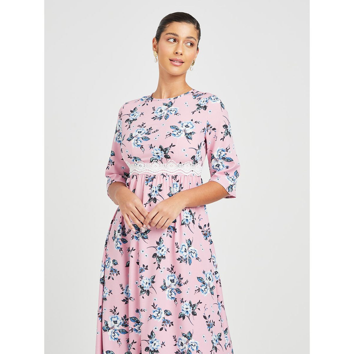 Styli 3/4 Sleeves Floral Print Lace Insert A-Line Maxi Dress-women-clothing-dresses-image-2