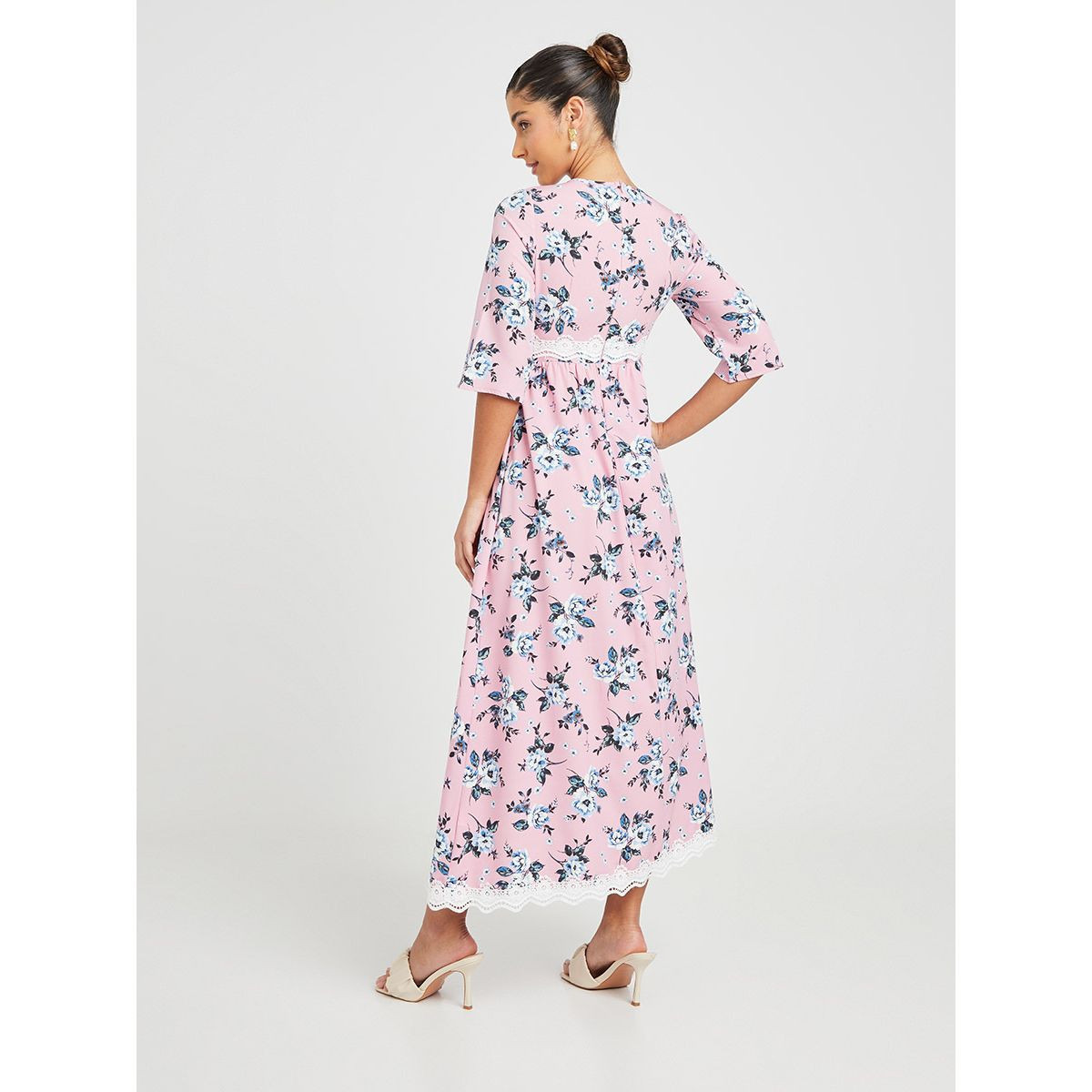Styli 3/4 Sleeves Floral Print Lace Insert A-Line Maxi Dress-women-clothing-dresses-image-4