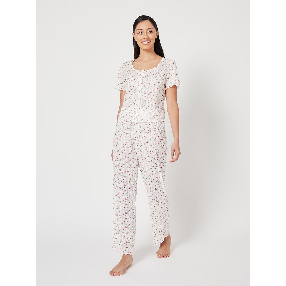 Styli Ditsy Floral Rib Button Up Lettuce Hem Top and Trouser Set-women-clothing-nightwear-pyjamas-longsets-image-1