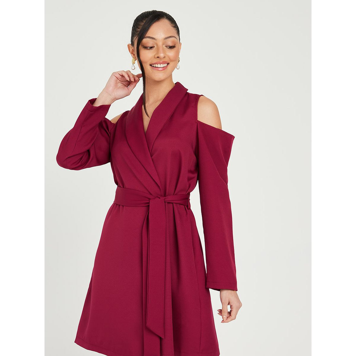 Shop Styli Cold Shoulder Wrap Blazer Mini Dress with Tie Belt