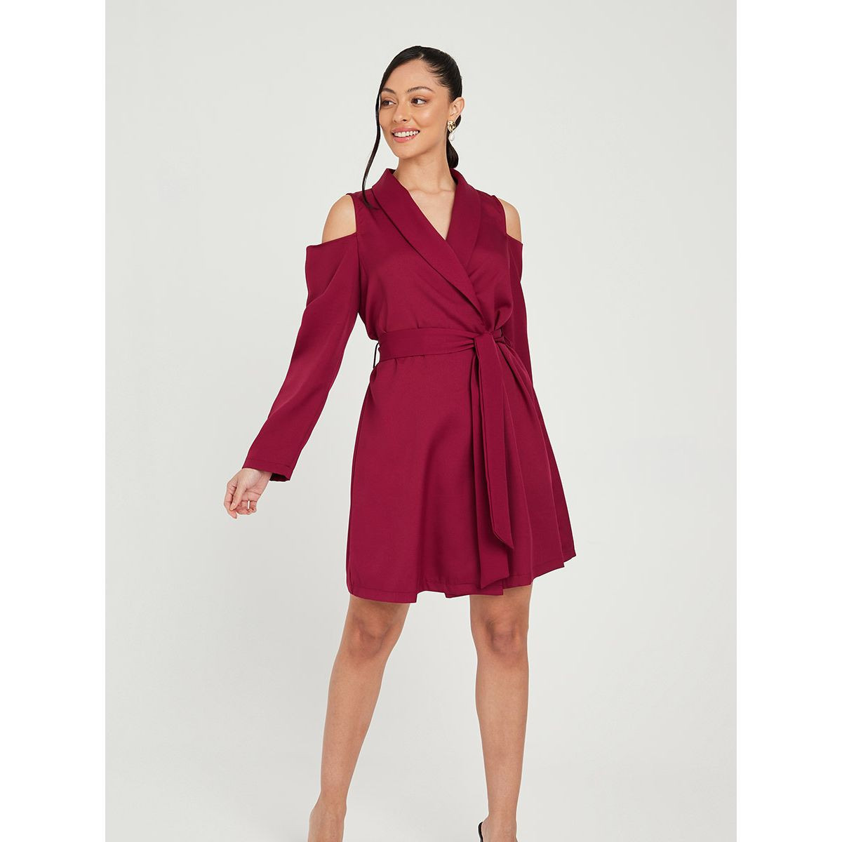 Styli Cold Shoulder Wrap Blazer Mini Dress with Tie Belt-women-clothing-dresses-image-2