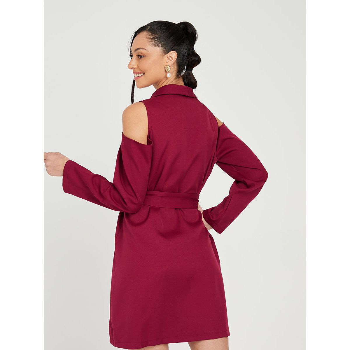 Styli Cold Shoulder Wrap Blazer Mini Dress with Tie Belt-women-clothing-dresses-image-4