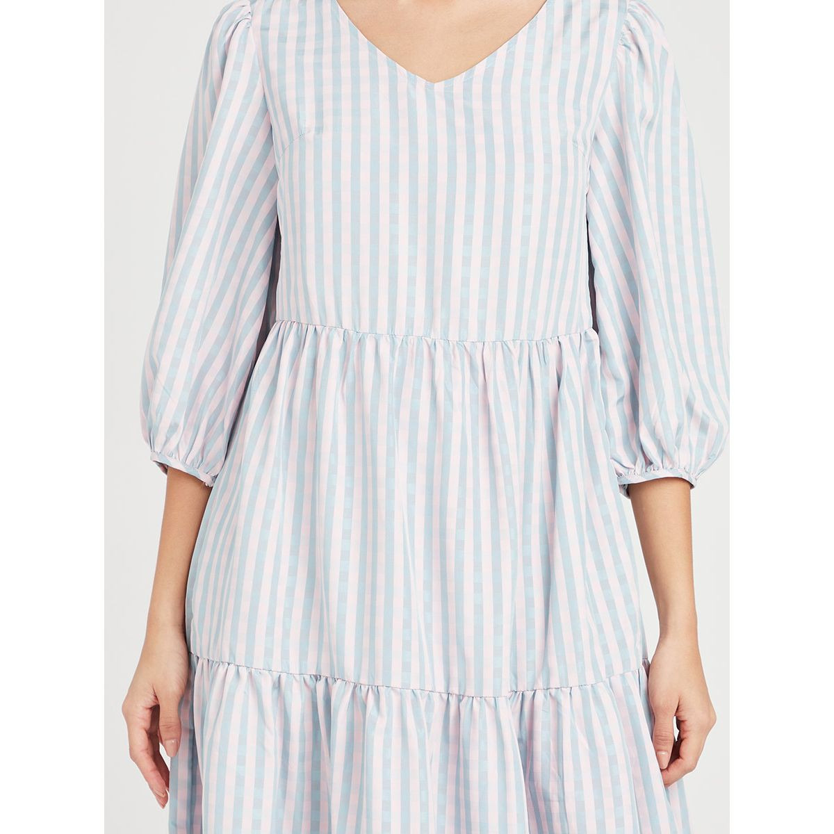 Styli 3/4 Sleeves Gingham Checked Woven Tiered Midi Dress-women-clothing-dresses-image-3