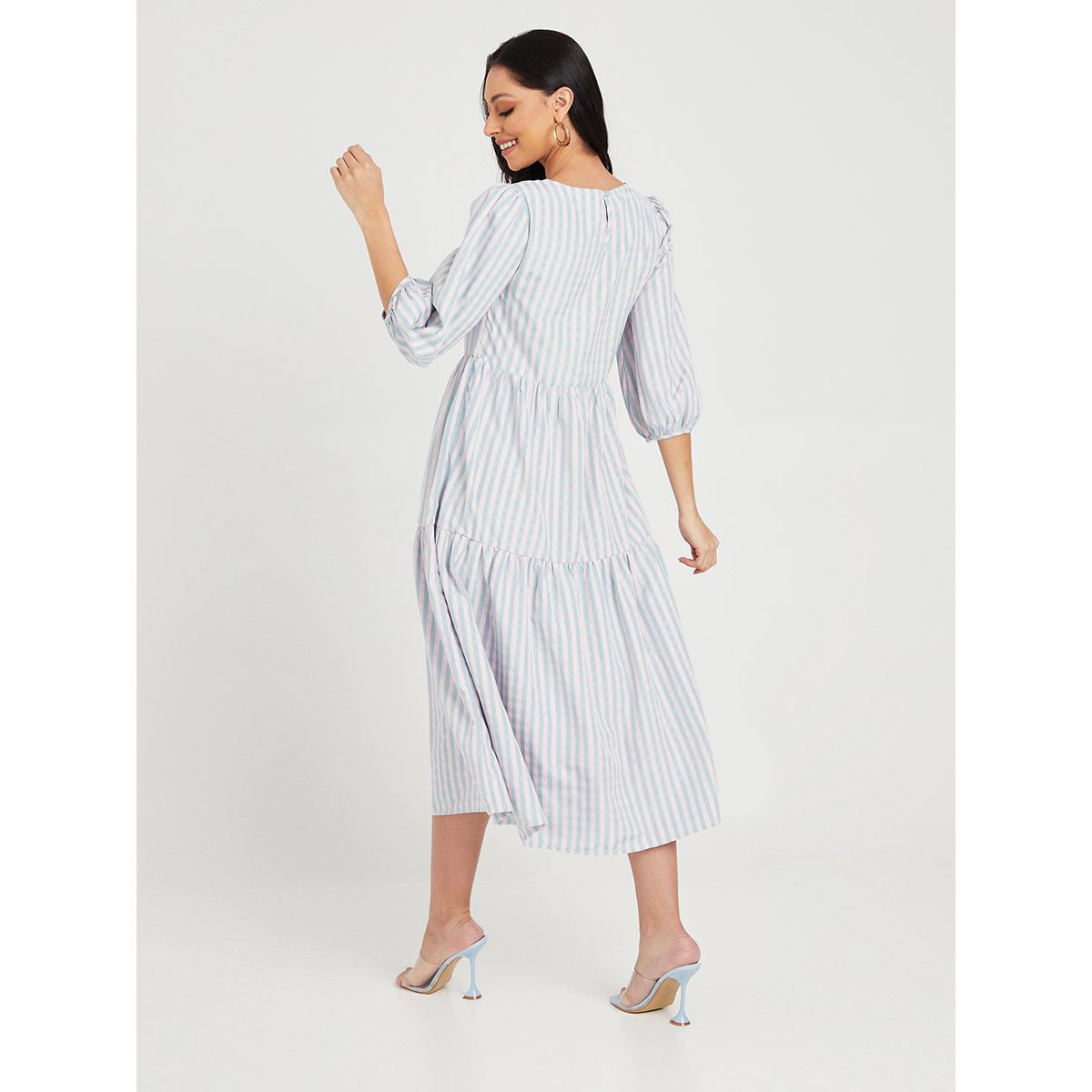 Styli 3/4 Sleeves Gingham Checked Woven Tiered Midi Dress-women-clothing-dresses-image-4