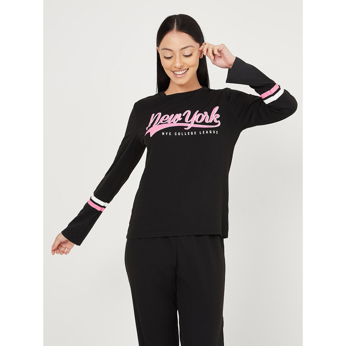 Styli Long Sleeves New York Striped Sleeve T-shirt and Solid Cuffed Pyjama Set-women-clothing-nightwear-pyjamas-longsets-image-2
