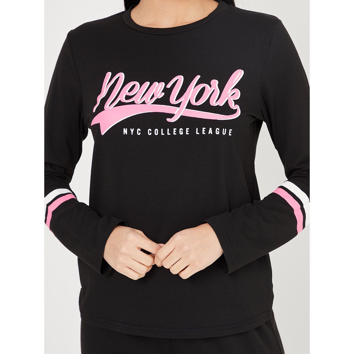 Styli Long Sleeves New York Striped Sleeve T-shirt and Solid Cuffed Pyjama Set-women-clothing-nightwear-pyjamas-longsets-image-3